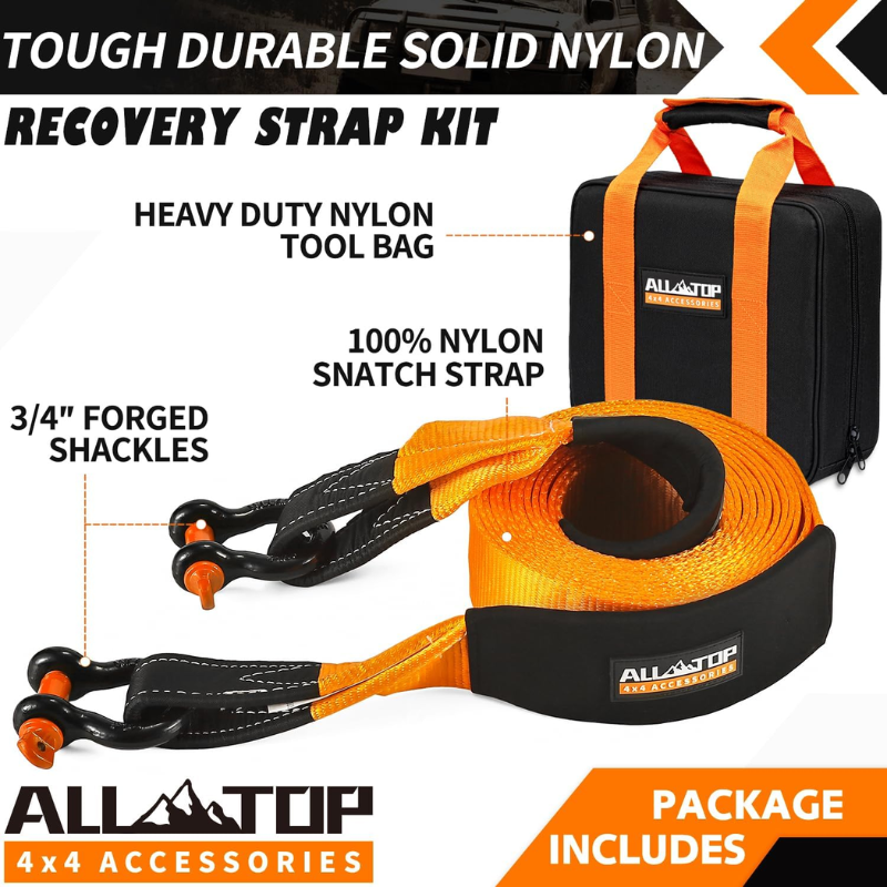 Heavy Duty Tow Strap Recovery Kit: 3 Inch X 20Ft (35,000Lbs) 100% Nylon and 22% Elongation Snatch Strap + 3/4 Heavy Duty D Ring Shackles (2Pcs) + Storage Bag