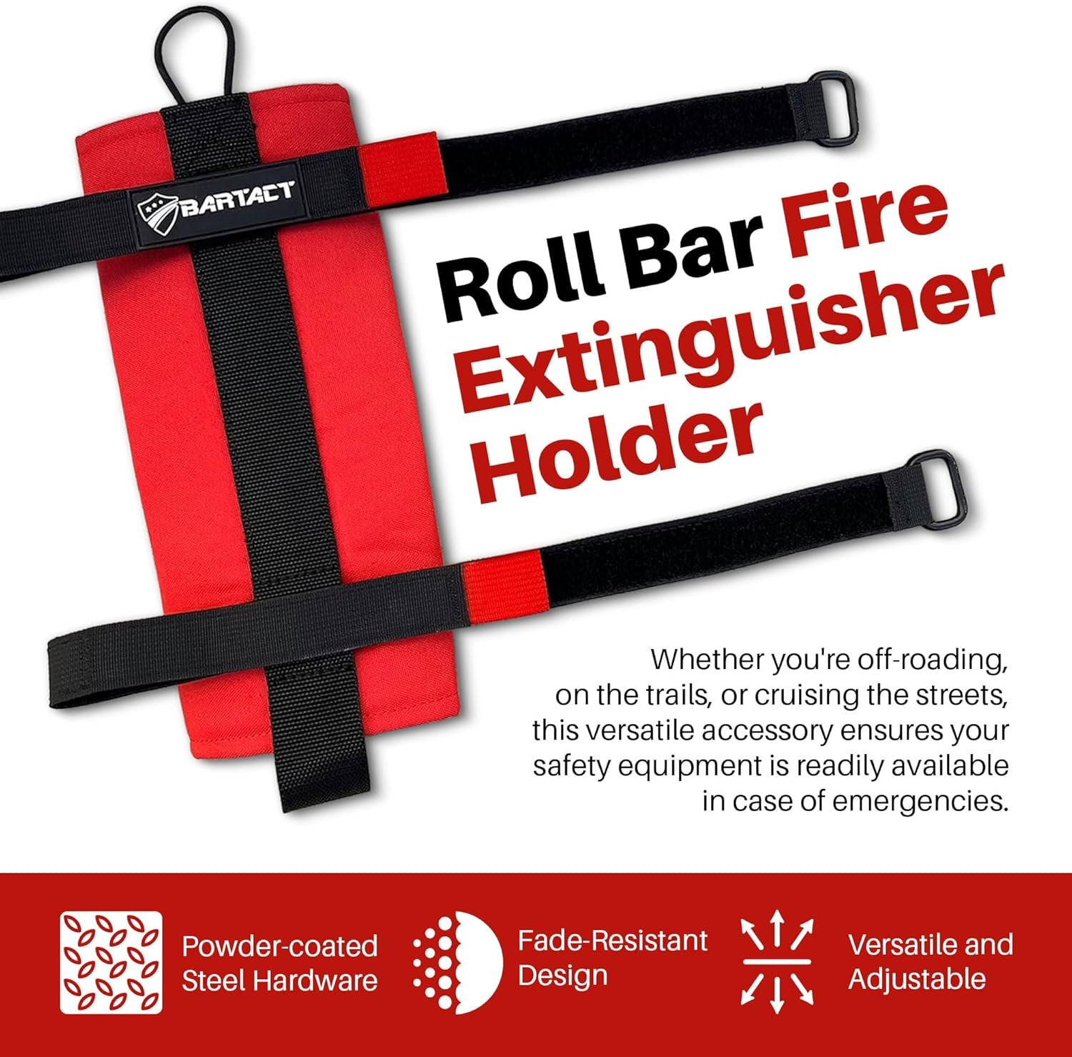 - 2.5 Lb Roll Bar Fire Extinguisher Mount for Vehicle Holder, Adjustable Fire Extinguisher Holder Mount, US Made Universal Vehicle Fire Extinguisher Holder Fits All Roll Bars (Red)