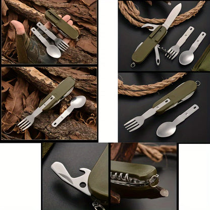 Stainless Steel 7-In-1 Multifunctional Tableware Set for Outdoor Activities - Perfect for Picnics, Camping, Hiking, and Travel
