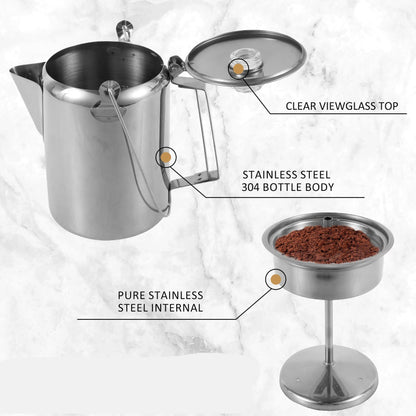 Stainless Steel Distillation and Extraction Coffee Pot Outdoor Camp Stovetop Coffee Maker with Filter Basket Clear Glass Knob