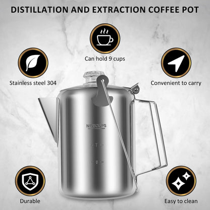 Stainless Steel Distillation and Extraction Coffee Pot Outdoor Camp Stovetop Coffee Maker with Filter Basket Clear Glass Knob
