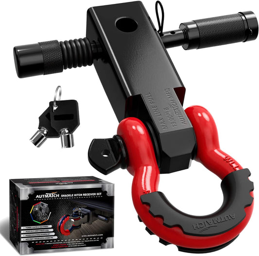 Shackle Hitch Receiver 2 Inch - 3/4" D Ring Shackle and 5/8" Trailer Hitch Lock Pin, 45,000 Lbs Break Strength Heavy Duty Receiver Towing Kit for Off-Road Vehicle Recovery, Black & Red