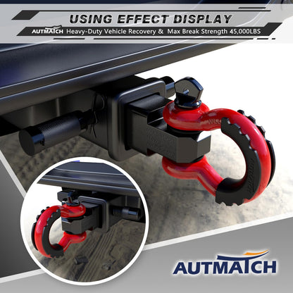 Shackle Hitch Receiver 2 Inch - 3/4" D Ring Shackle and 5/8" Trailer Hitch Lock Pin, 45,000 Lbs Break Strength Heavy Duty Receiver Towing Kit for Off-Road Vehicle Recovery, Black & Red
