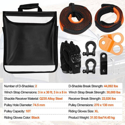 Off-Road Recovery Kit, 30000 Lbs. Tow Straps, 44092 Lbs. D-Ring Shackles, 3 In. X 30 Ft., Heavy Duty Winch Recovery Kit