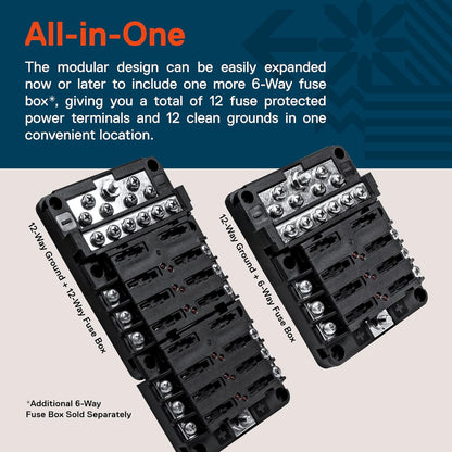 True Mods 6 Way Fuse Box with 12 Ground Negative Busbar for Automotive [12V - 32V DC] [100 Amp Max] [Modular Design] [ATC/ATO Fuses] [LED Indicator] Auto Marine Ground Fuse Block