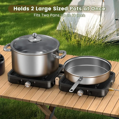 2-Burner Foldable Camping Stove with Griddle (Textured & Smooth) and Carrying Bag, Portable Propane Camp Stove