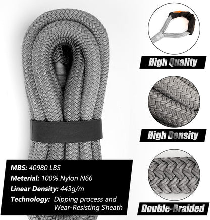 1-1/8'' X 30Ft Kinetic Recovery Rope, 40980Lbs Tow Strap Heavy Duty with 2 Soft Shackles, Offroad Recovery Kit Towing Strap for Trucks, Jeep, Vehicle, UTV, ATV, SUV