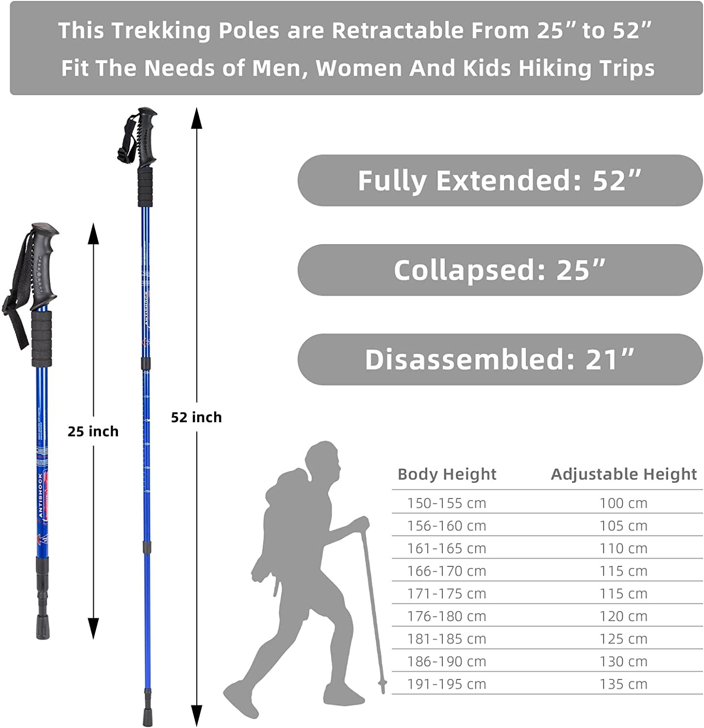 Hiking Trekking Poles, 2 Pack Collapsible, Lightweight, anti Shock, Walking Sticks, Adjustable Hiking Pole for Men and Women